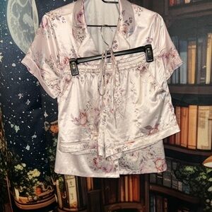 Le Rose Floral Satin Short Sleeve Pajama Set - Light Pink